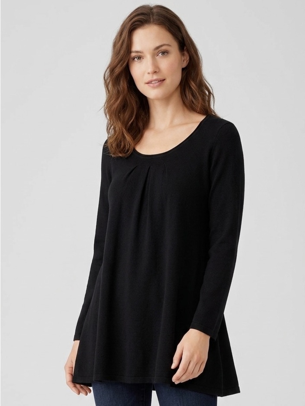 Eileen Fisher Cashmere Silk Knit Top Black Long Sleeve Scoop Neck Tunic Shirt S